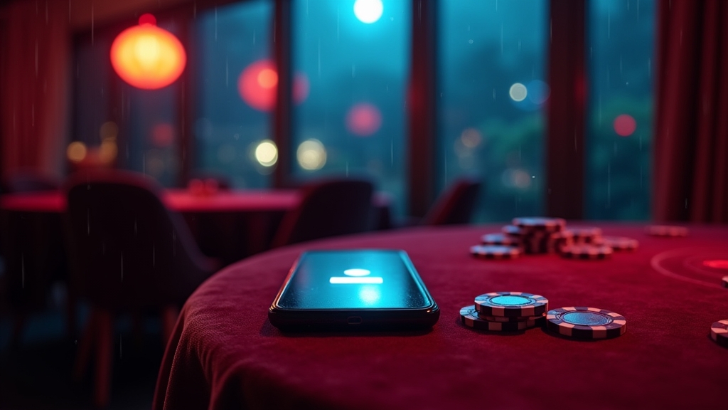 Smartphone mit App-Download im dunklen Casino-Ambiente