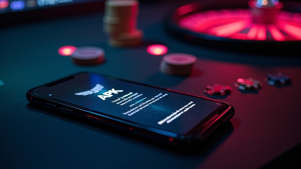 Smartphone zeigt APK-Installation im düsteren Casino-Setting