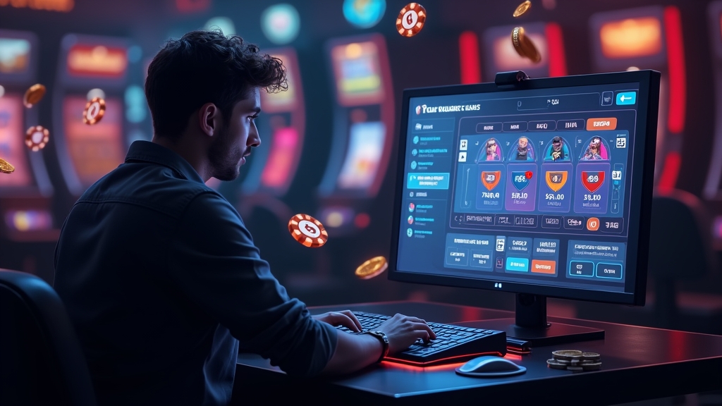 Spieler prüft Bonusangebot mit Freispiel-Icons in dunkler Casino-Atmosphäre